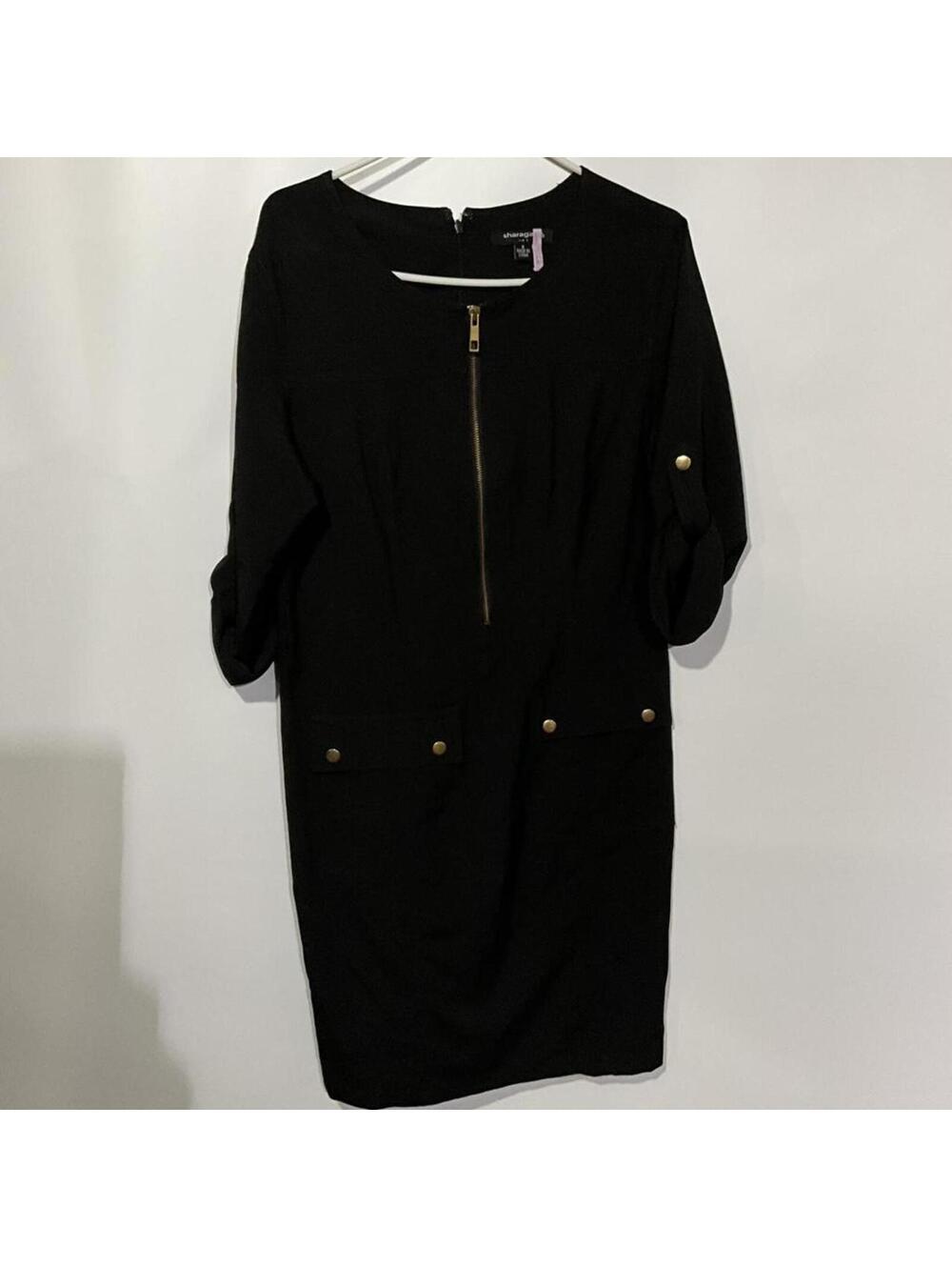 Sharagano Black Dress with Gold Zipper and Button Details Size 8